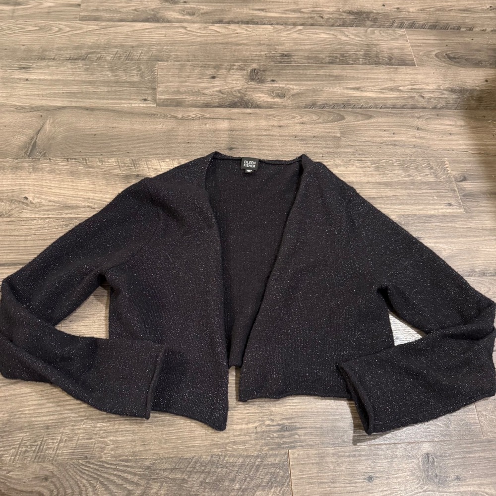 Eileen Fisher Black Metallic Wool Blend Cropped Open Front Cardigan Sweater‎ M